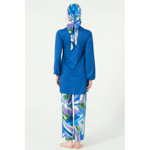 Maillot de bain hijab bleu pantalon imprimé abstrait Maillot de bain hijab bleu pantalon imprimé abstrait