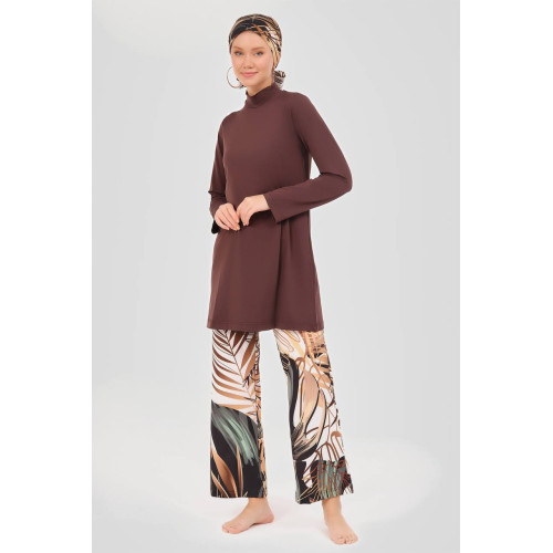 Maillot de bain hijab marron pantalon imprimé floral Maillot de bain hijab marron pantalon imprimé floral
