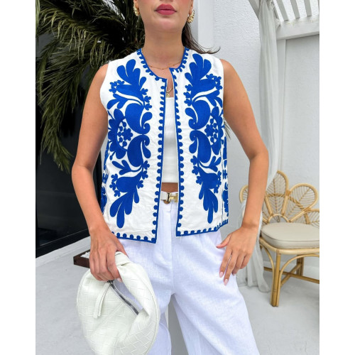 Gilet sans manches blanc broderie bleue Gilet sans manches blanc broderie bleue