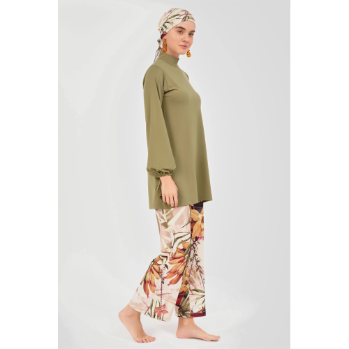Maillot de bain hijab vert olive pantalon imprimé floral Maillot de bain hijab vert olive pantalon imprimé floral