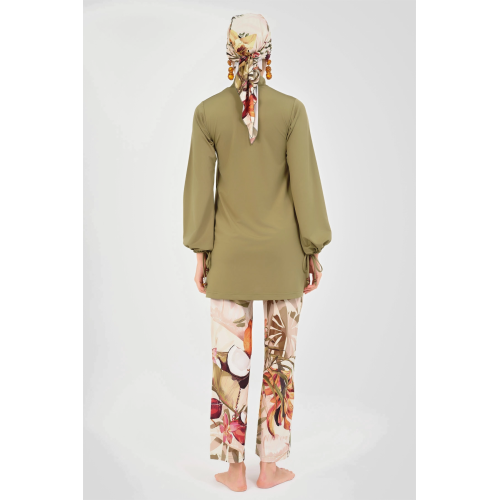 Maillot de bain hijab vert olive pantalon imprimé floral Maillot de bain hijab vert olive pantalon imprimé floral