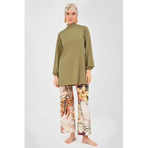 Maillot de bain hijab vert olive pantalon imprimé floral Maillot de bain hijab vert olive pantalon imprimé floral