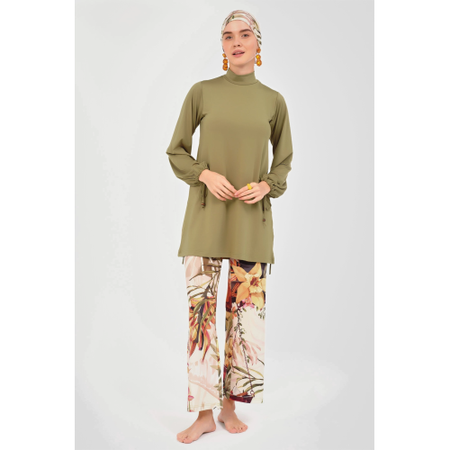 Maillot de bain hijab vert olive pantalon imprimé floral Maillot de bain hijab vert olive pantalon imprimé floral