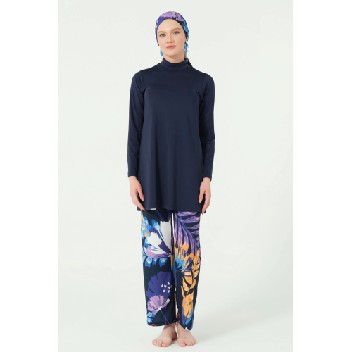 Maillot de bain hijab bleu nuit pantalon imprimé floral Maillot de bain hijab bleu nuit pantalon imprimé floral