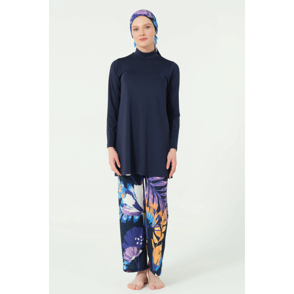 Maillot de bain hijab bleu nuit pantalon imprimé floral
