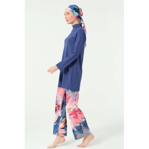 Maillot de bain hijab bleu indigo pantalon imprimé floral Maillot de bain hijab bleu indigo pantalon imprimé floral