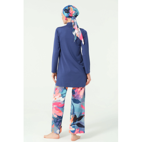 Maillot de bain hijab bleu indigo pantalon imprimé floral Maillot de bain hijab bleu indigo pantalon imprimé floral