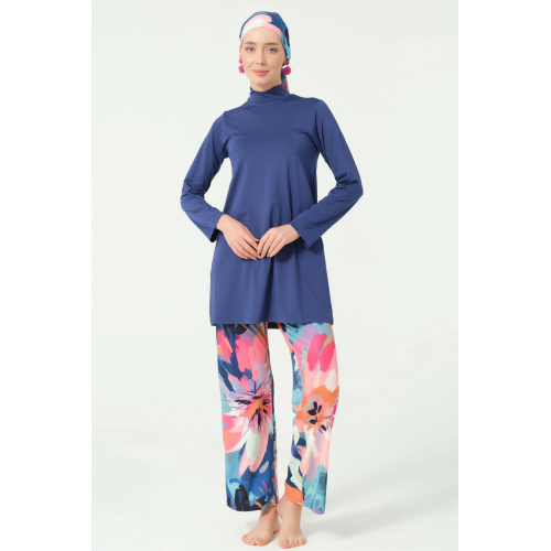 Maillot de bain hijab bleu indigo pantalon imprimé floral Maillot de bain hijab bleu indigo pantalon imprimé floral