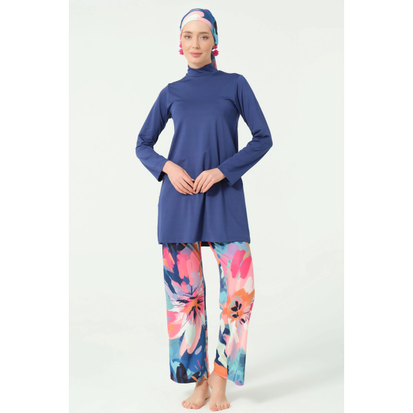 Maillot de bain hijab bleu indigo pantalon imprimé floral