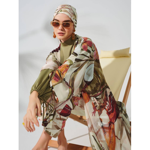 Paréo kimono de plage imprimé floral kaki Paréo kimono de plage imprimé floral kaki