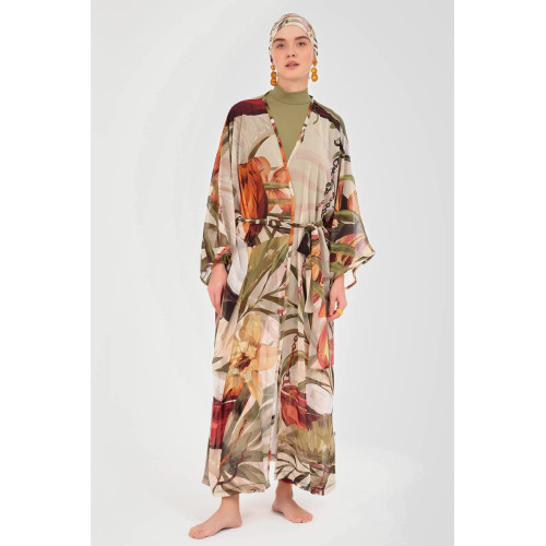 Paréo kimono de plage imprimé floral kaki Paréo kimono de plage imprimé floral kaki