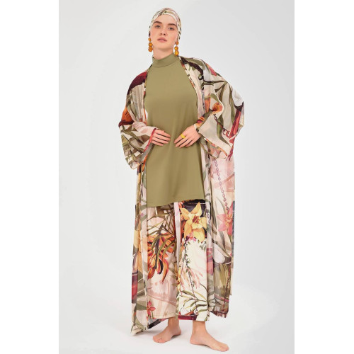 Paréo kimono de plage imprimé floral kaki Paréo kimono de plage imprimé floral kaki