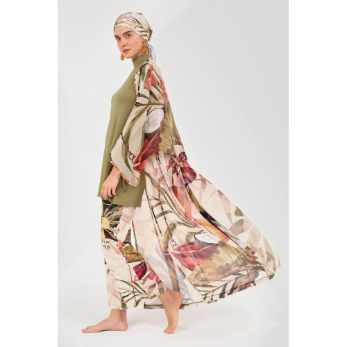 Paréo kimono de plage imprimé floral kaki Paréo kimono de plage imprimé floral kaki