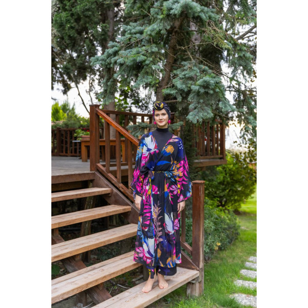 Paréo kimono de plage imprimé floral bleu