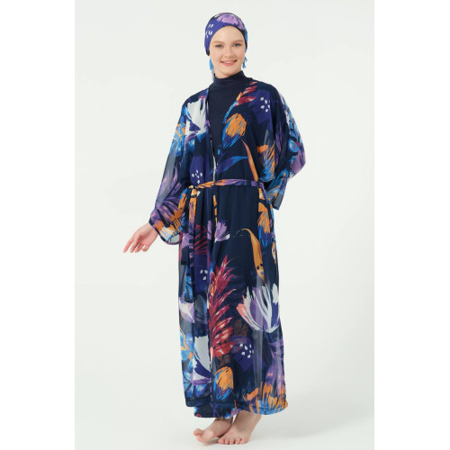 Paréo kimono de plage imprimé floral bleu Paréo kimono de plage imprimé floral bleu