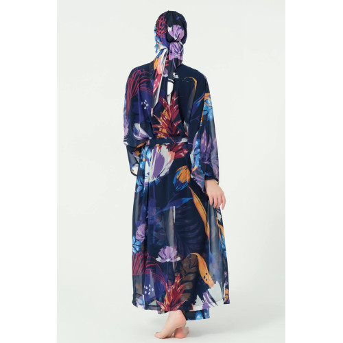Paréo kimono de plage imprimé floral bleu Paréo kimono de plage imprimé floral bleu