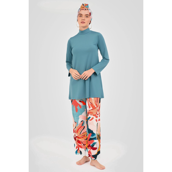 Maillot de bain hijab bleu pantalon imprimé floral