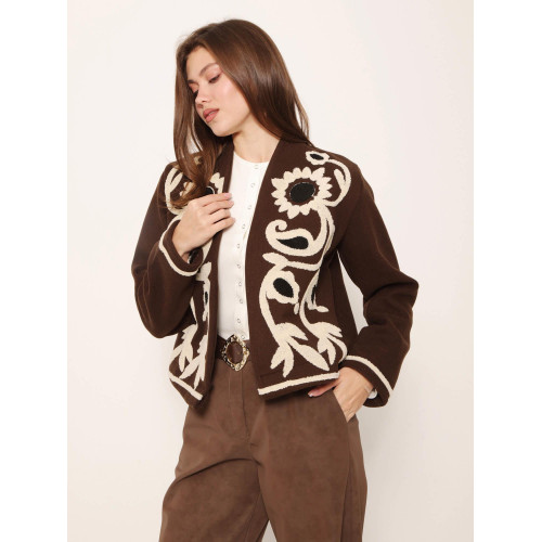 Veste lainage broderie florale marron