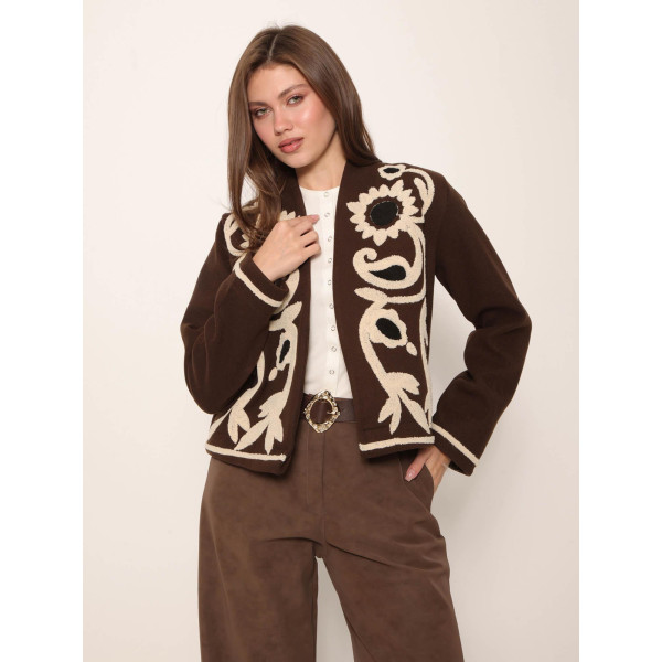 Veste lainage broderie florale marron
