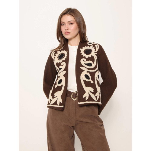 Veste lainage broderie florale marron