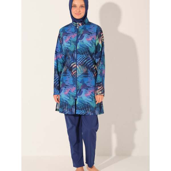 Maillot de bain hijab bleu nuit  imprimé feuillages