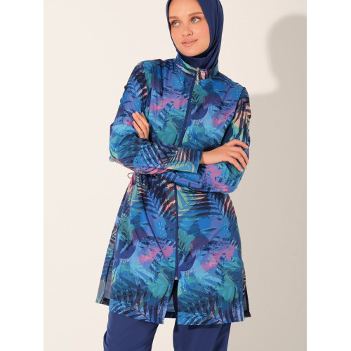 Maillot de bain hijab bleu nuit  imprimé feuillages