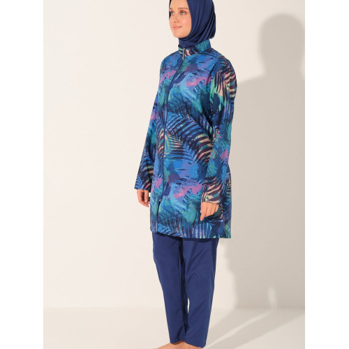 Maillot de bain hijab bleu nuit  imprimé feuillages