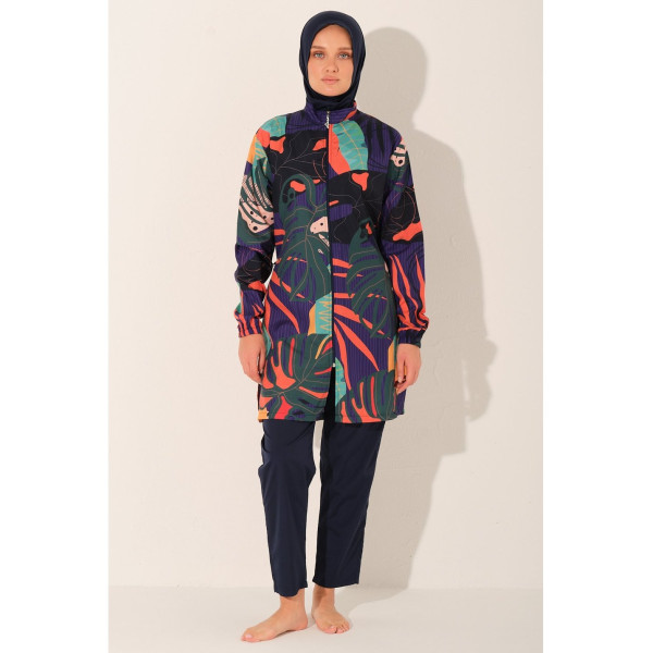 Maillot de bain hijab bleu imprimé tropical