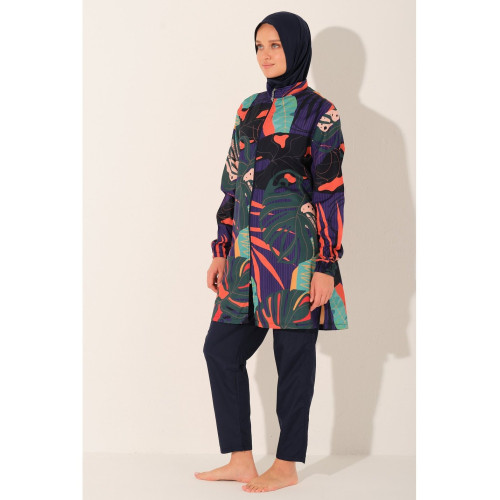 Maillot de bain hijab bleu imprimé tropical