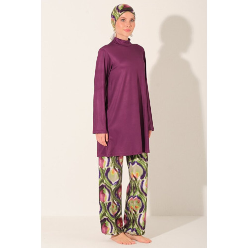 Maillot de bain hijab prune imprimé abstrait