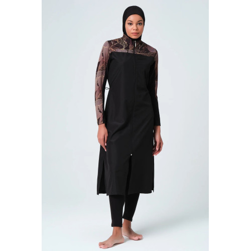 Maillot de bain hijab noir manches imprimées