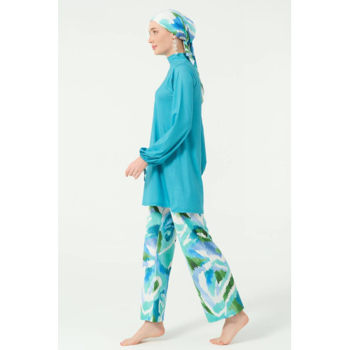 Maillot de bain hijab bleu turquoise pantalon imprimé abstrait
