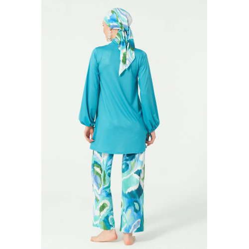 Maillot de bain hijab bleu turquoise pantalon imprimé abstrait