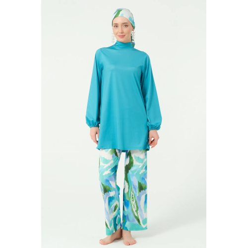 Maillot de bain hijab bleu turquoise pantalon imprimé abstrait