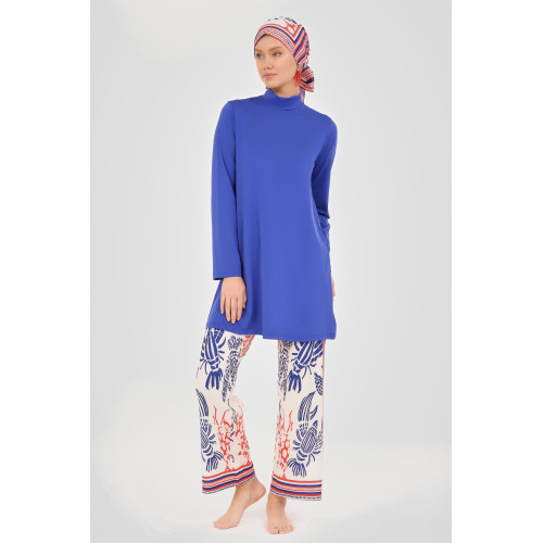 Maillot de bain hijab bleu pantalon imprimé crustacés
