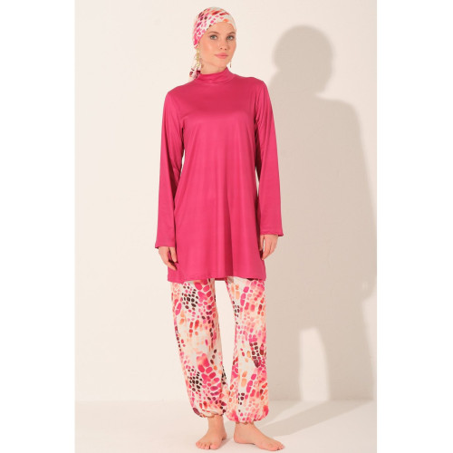 Maillot de bain hijab fuchsia imprimé abstrait