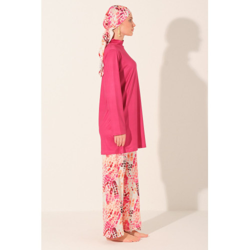 Maillot de bain hijab fuchsia imprimé abstrait