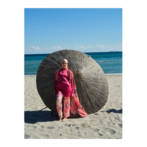 Paréo kimono de plage imprimé rose